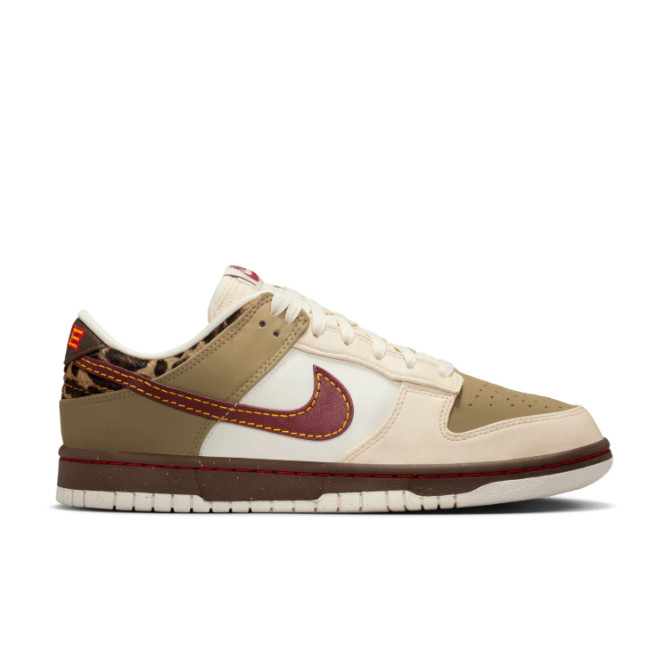 Nike Dunk Low Sneakers - Khaki, Cream & Burgundy with Leopard Accents