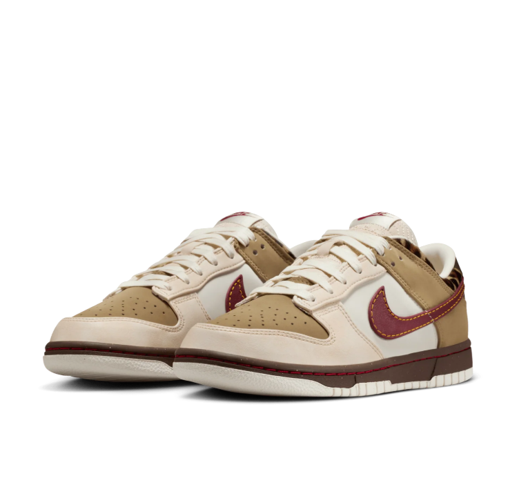 Nike Dunk Low Sneakers - Khaki, Cream & Burgundy with Leopard Accents