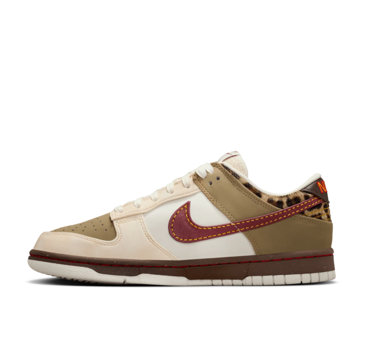 Nike Dunk Low Sneakers - Khaki, Cream & Burgundy with Leopard Accents