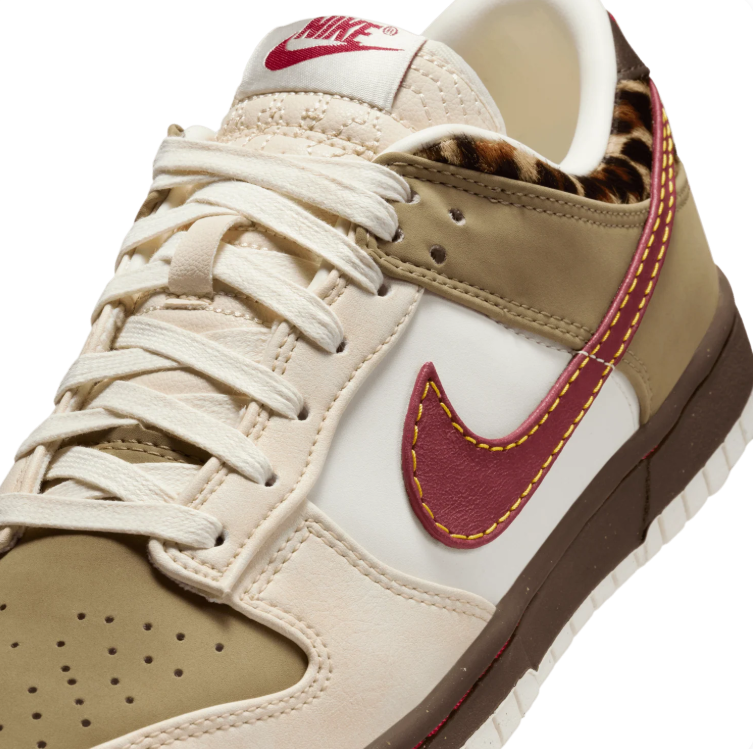 Nike Dunk Low Sneakers - Khaki, Cream & Burgundy with Leopard Accents